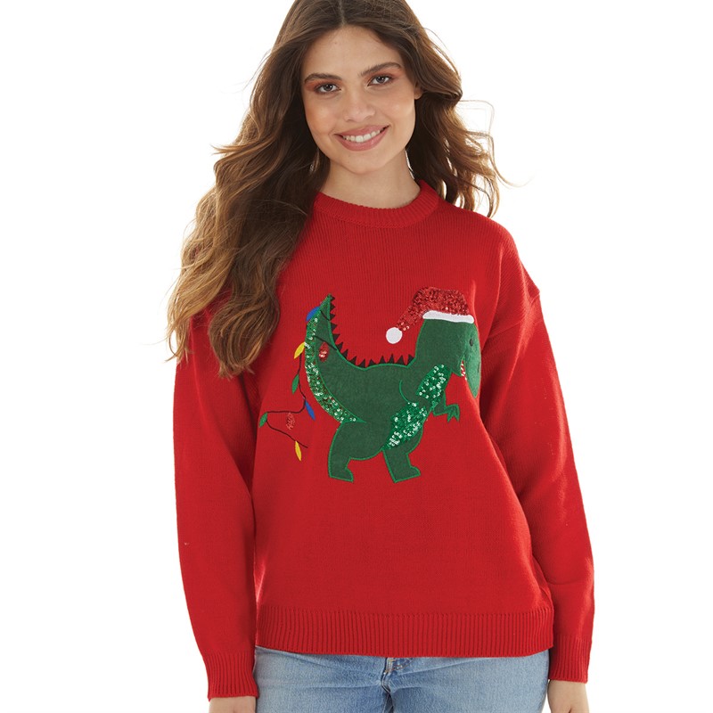 Brave Soul Womens Christmas Dino Jumper Red