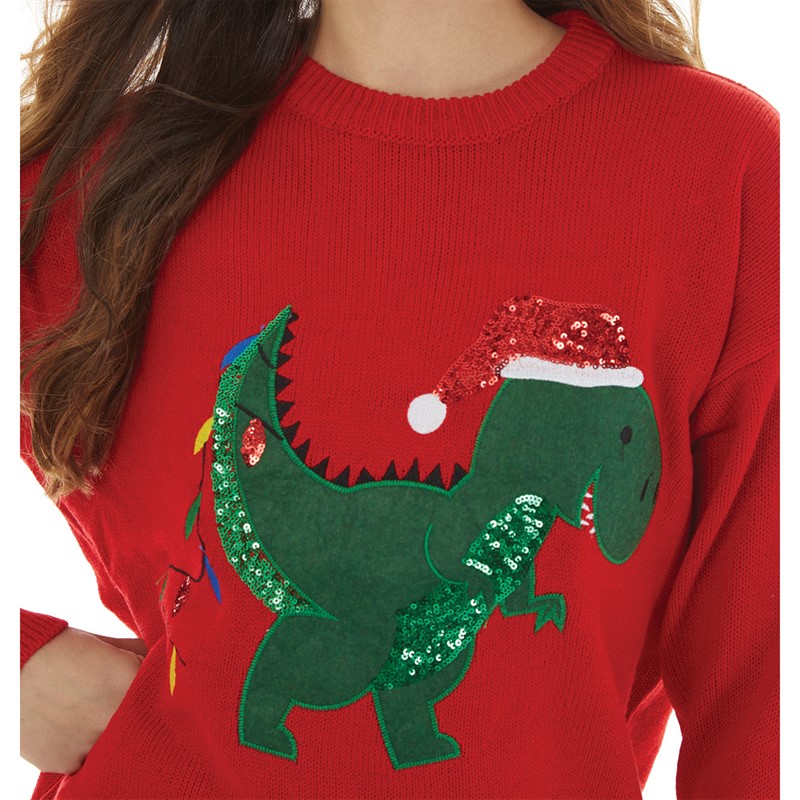 Brave Soul Womens Christmas Dino Jumper Red