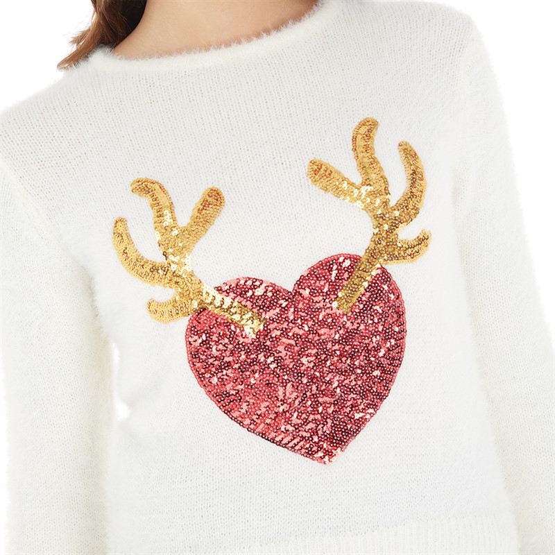 Brave Soul Womens Christmas Renheart Jumper Cream