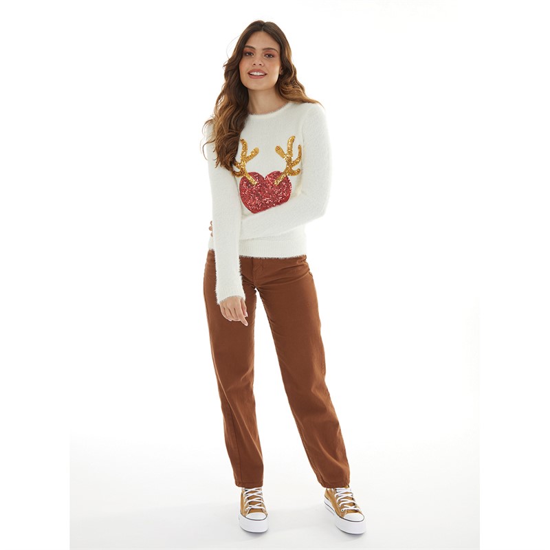 Brave Soul Womens Christmas Renheart Jumper Cream