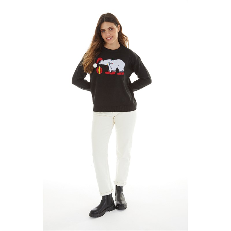 Brave Soul Womens Christmas Liam Bear Jumper Black