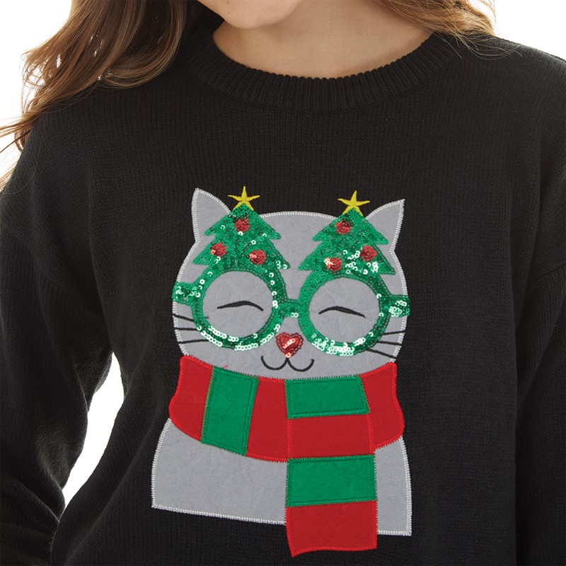 Brave Soul Womens Christmas Kitty Cat Jumper Black