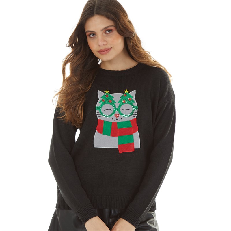 Brave Soul Womens Christmas Kitty Cat Jumper Black