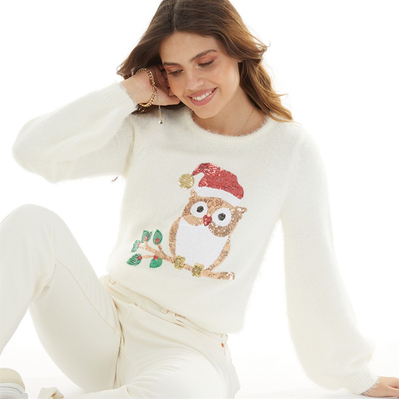 Brave Soul Womens Christmas Doyle Owl Jumper Cream