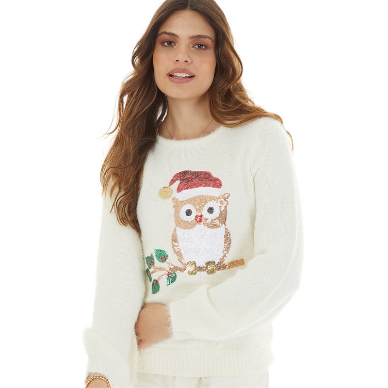 Brave Soul Womens Christmas Doyle Owl Jumper Cream