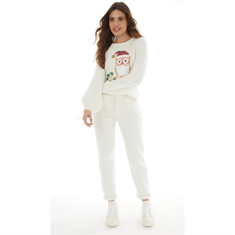 Brave Soul Womens Christmas Doyle Owl Jumper Cream