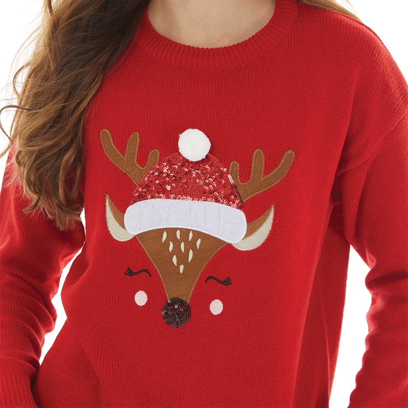 Brave Soul Womens Christmas Bambi Jumper Red