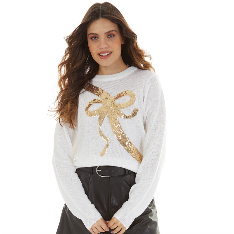 Brave Soul Womens Christmas Gifting Bow Jumper Cream