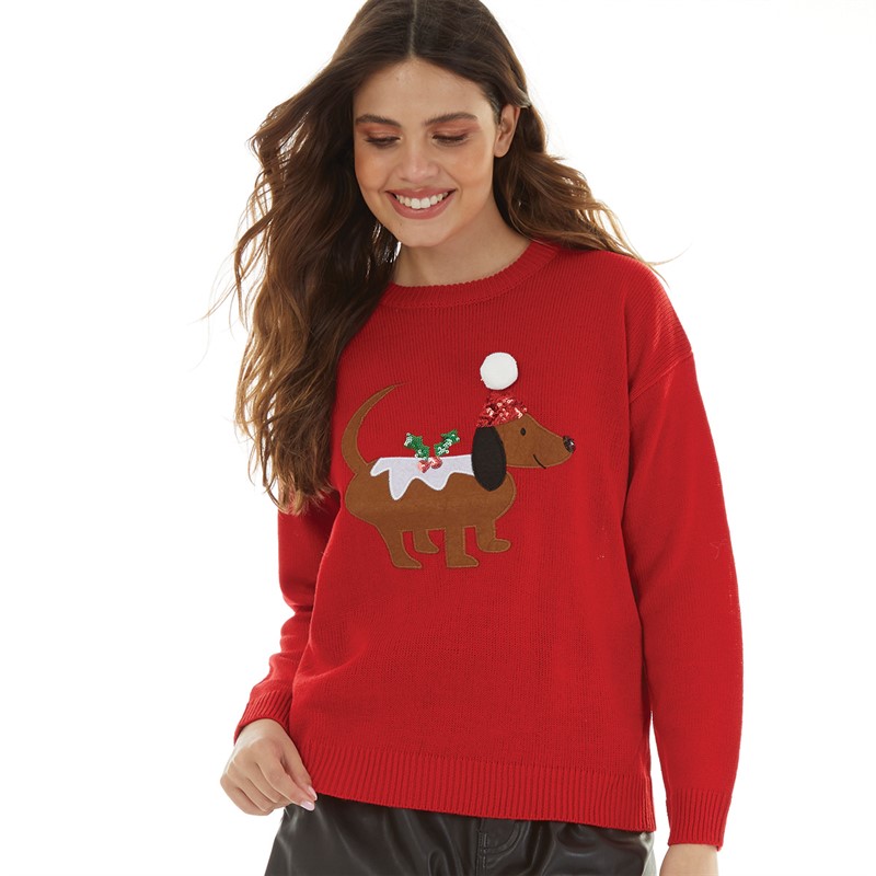 Brave Soul Womens Christmas Yule Dog Jumper Red