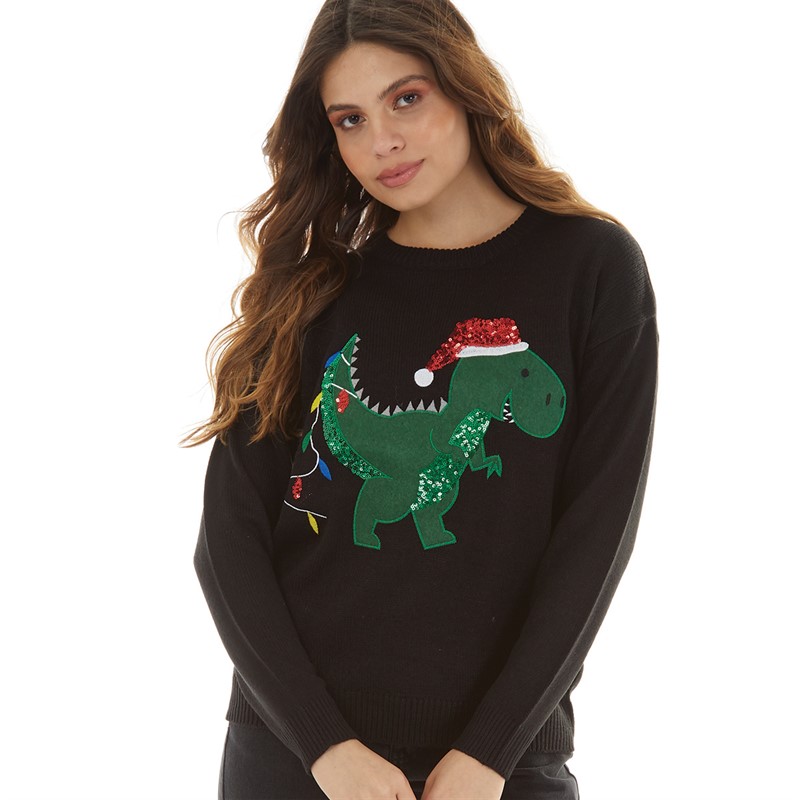 Brave Soul Womens Christmas Dino Jumper Black