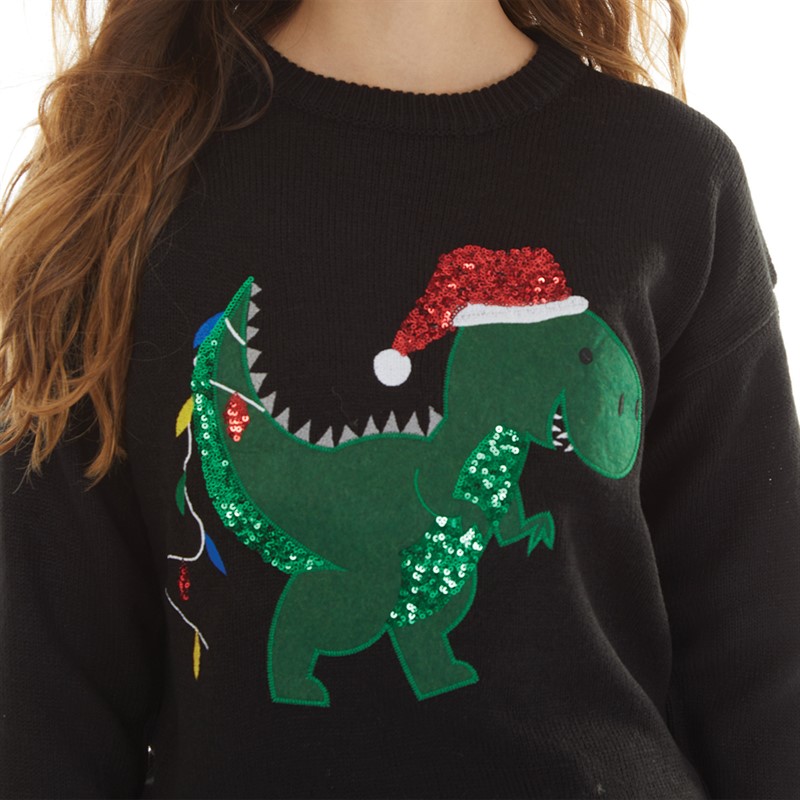 Brave Soul Womens Christmas Dino Jumper Black