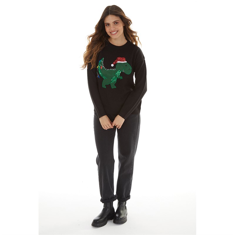 Brave Soul Womens Christmas Dino Jumper Black