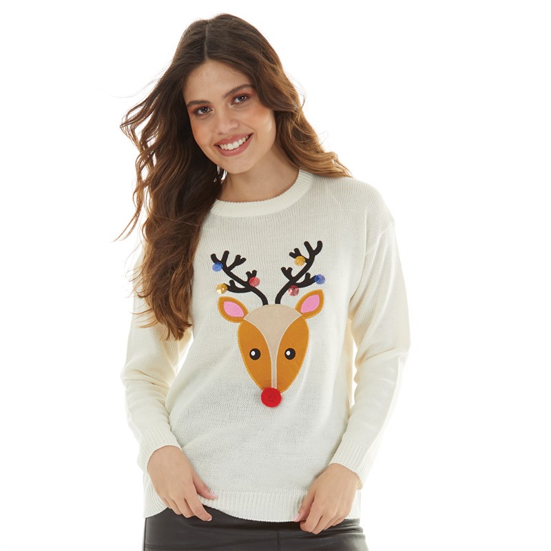 Brave Soul Womens Christmas Antler Jumper Cream