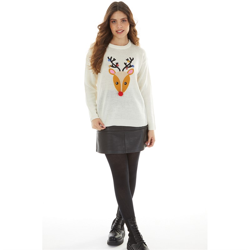 Brave Soul Womens Christmas Antler Jumper Cream