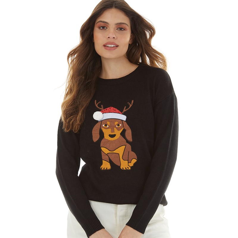 Brave Soul Womens Christmas Dog Jumper Black