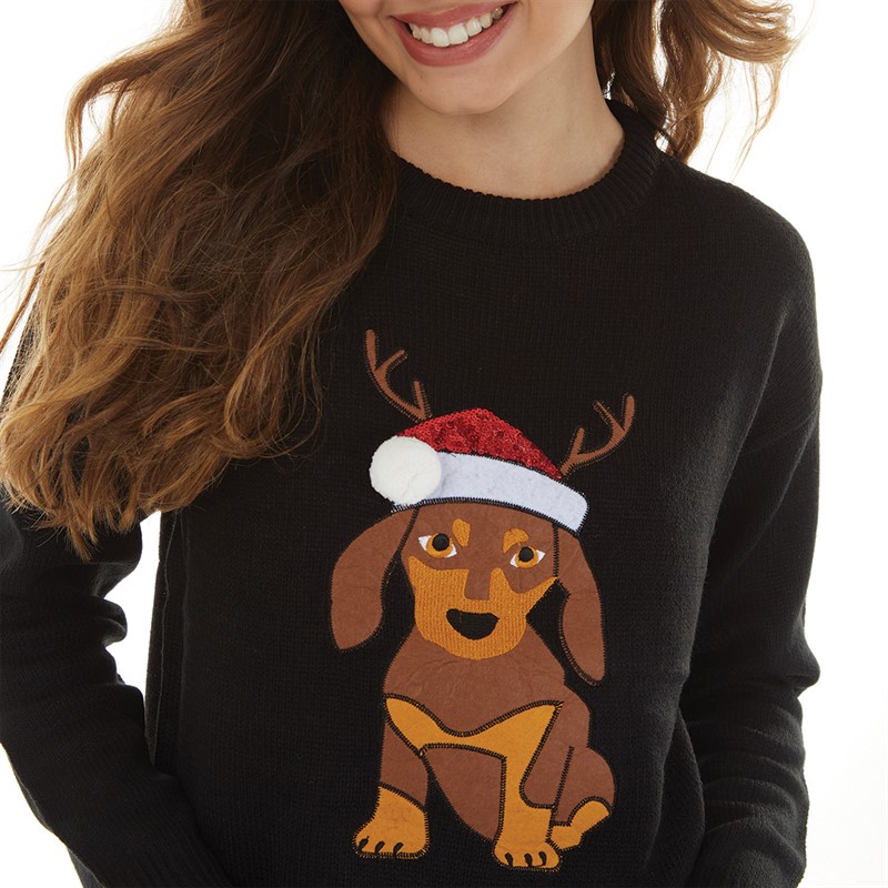 Brave Soul Womens Christmas Dog Jumper Black