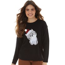 Brave Soul Womens Christmas Cat Jumper Black