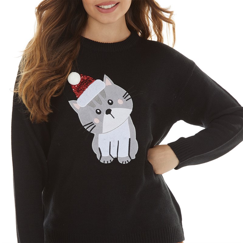 Brave Soul Womens Christmas Cat Jumper Black