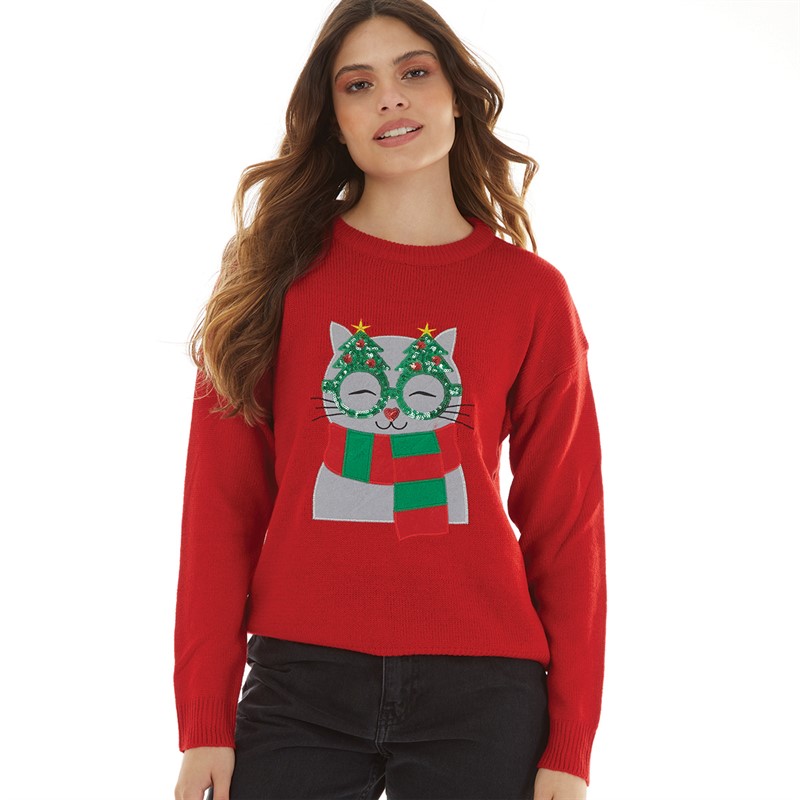 Brave Soul Womens Christmas Kitty Cat Jumper Red