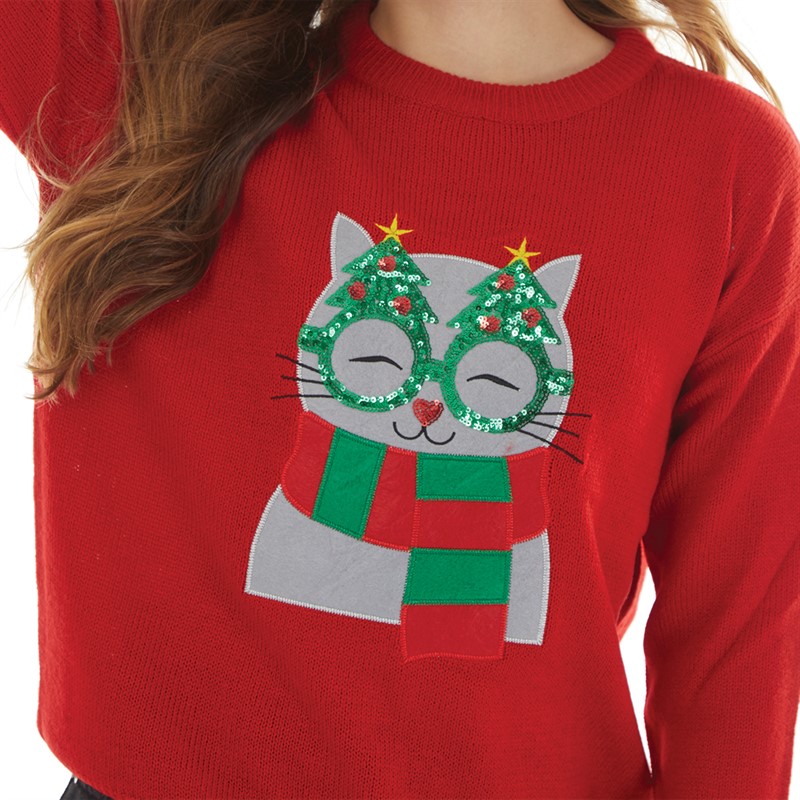 Brave Soul Womens Christmas Kitty Cat Jumper Red