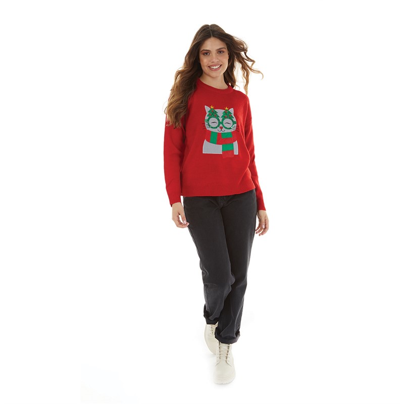 Brave Soul Womens Christmas Kitty Cat Jumper Red