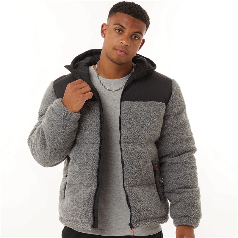 Brave Soul Mens Clinton Borg Puffer Jacket Light Grey Marl