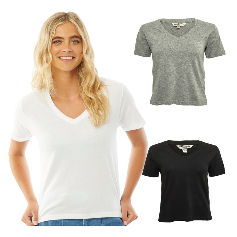 Brave Soul Womens Sonny Three Pack V-Neck T-Shirts Black/White/Grey