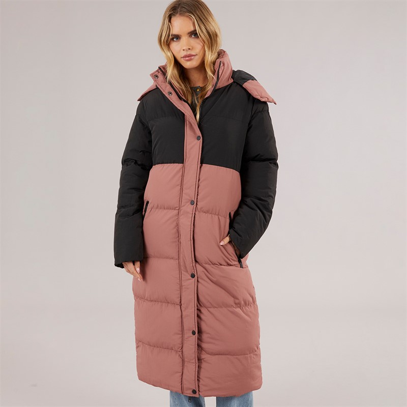 Brave Soul Womens Myra Long Hooded Puffer Coat Black/Dusky Pink