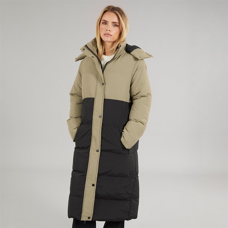 Brave Soul Womens Myra Long Hooded Puffer Coat Mocha/Black