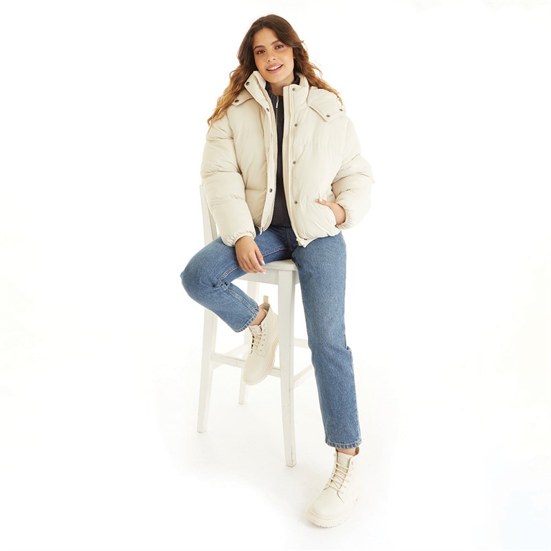 Brave Soul Womens Bunny Short Puffer Jacket Cream