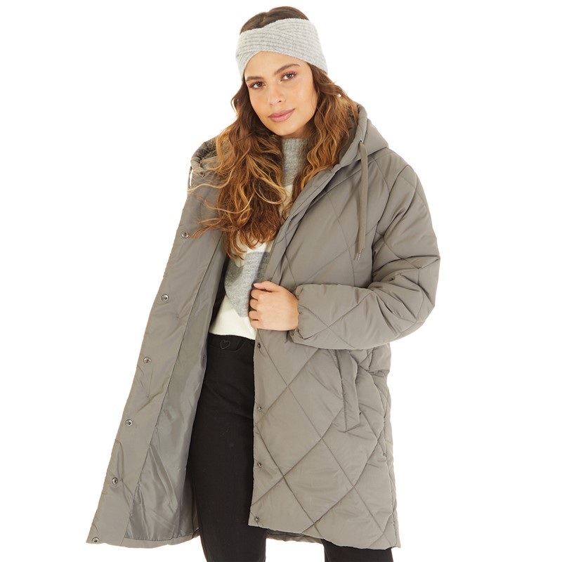 Brave Soul Womens Chantria Long Hooded Diamond Quilt Jacket Charcoal