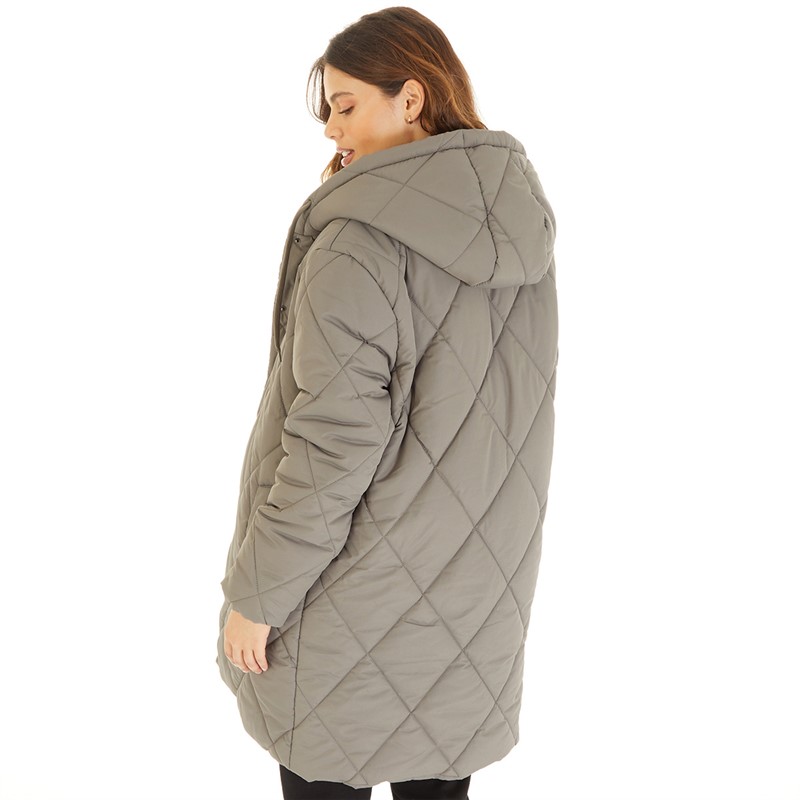 Brave Soul Womens Chantria Long Hooded Diamond Quilt Jacket Charcoal