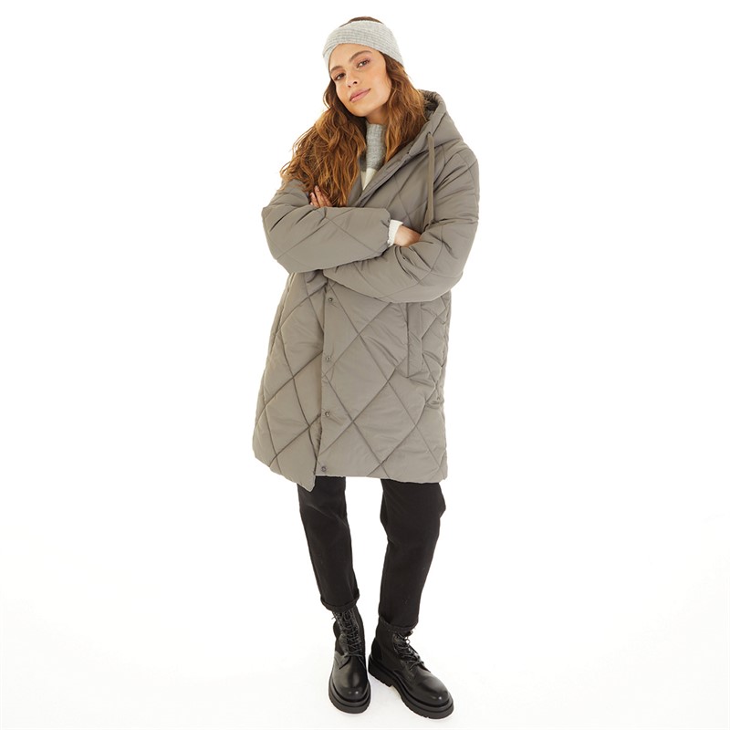 Brave Soul Womens Chantria Long Hooded Diamond Quilt Jacket Charcoal