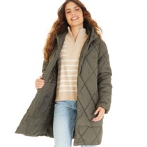 Brave Soul Womens Chantria Long Hooded Diamond Quilt Jacket Khaki