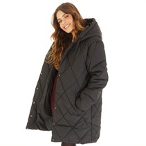 Brave Soul Womens Chantria Long Hooded Diamond Quilt Jacket Black