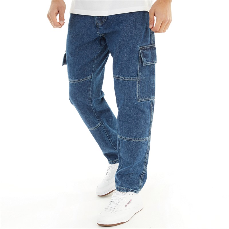 Brave Soul Mens Space Loose Fit Cargo Jeans Mid Blue Wash