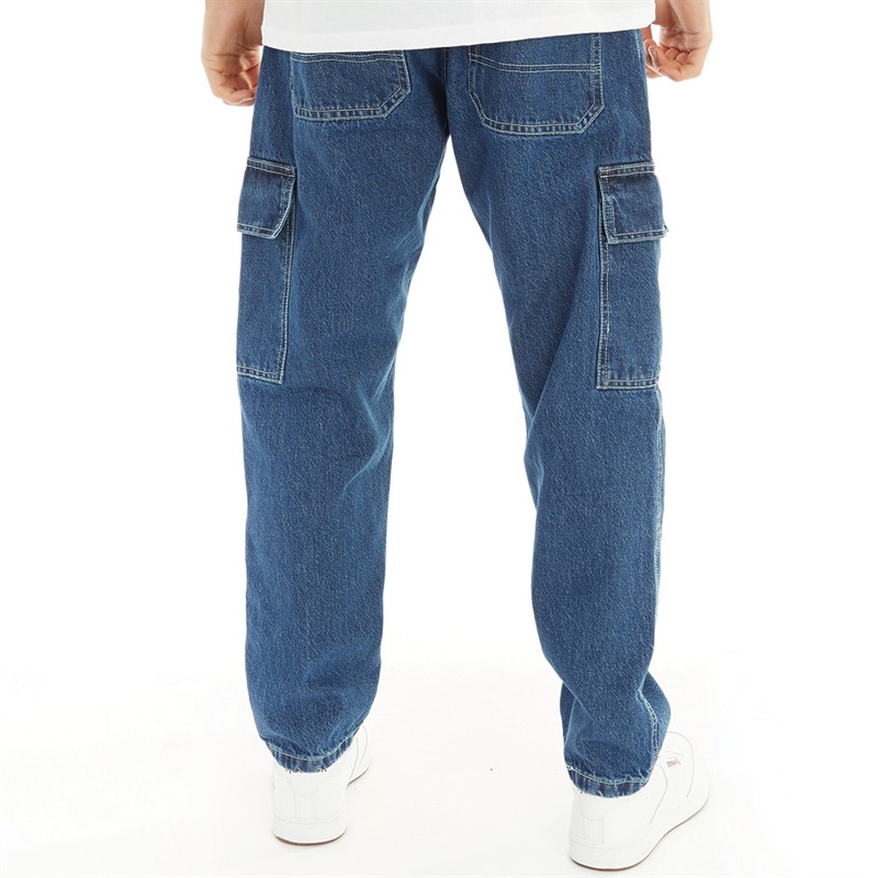 Brave Soul Mens Space Loose Fit Cargo Jeans Mid Blue Wash