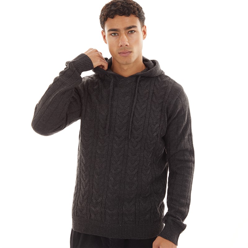 Brave Soul Mens Mullen Knitted Hoodie Charcoal Marl