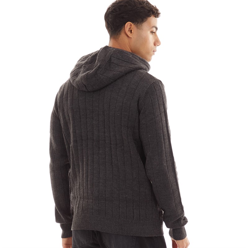 Brave Soul Mens Mullen Knitted Hoodie Charcoal Marl