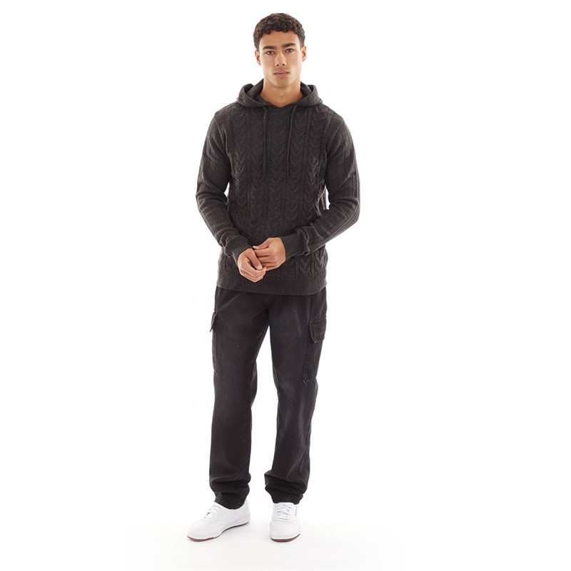 Brave Soul Mens Mullen Knitted Hoodie Charcoal Marl