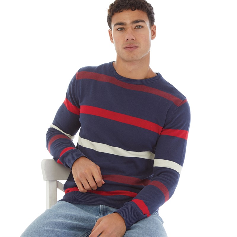 Brave Soul Mens Jordi Jumper Mid Blue/Burgundy/Red/Ecru