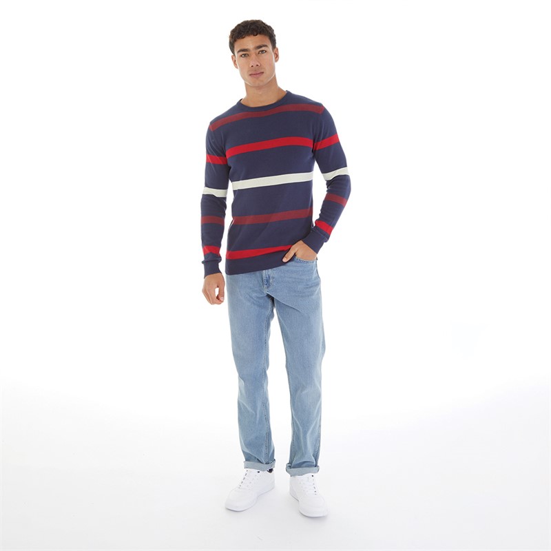 Brave Soul Mens Jordi Jumper Mid Blue/Burgundy/Red/Ecru