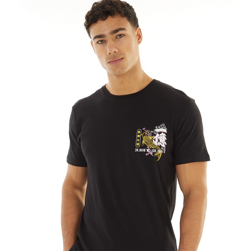 Brave Soul Mens Hasedara T-Shirt Jet Black/Multi-Colour Print