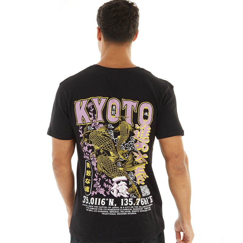 Brave Soul Mens Hasedara T-Shirt Jet Black/Multi-Colour Print