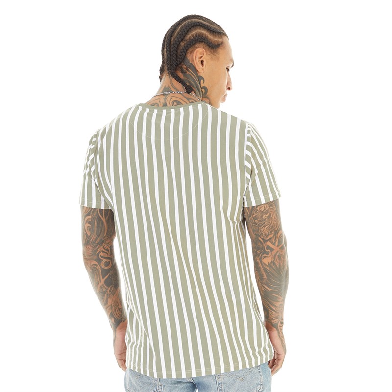 Brave Soul Mens Harding Stripe T-Shirt Washed Sage/White