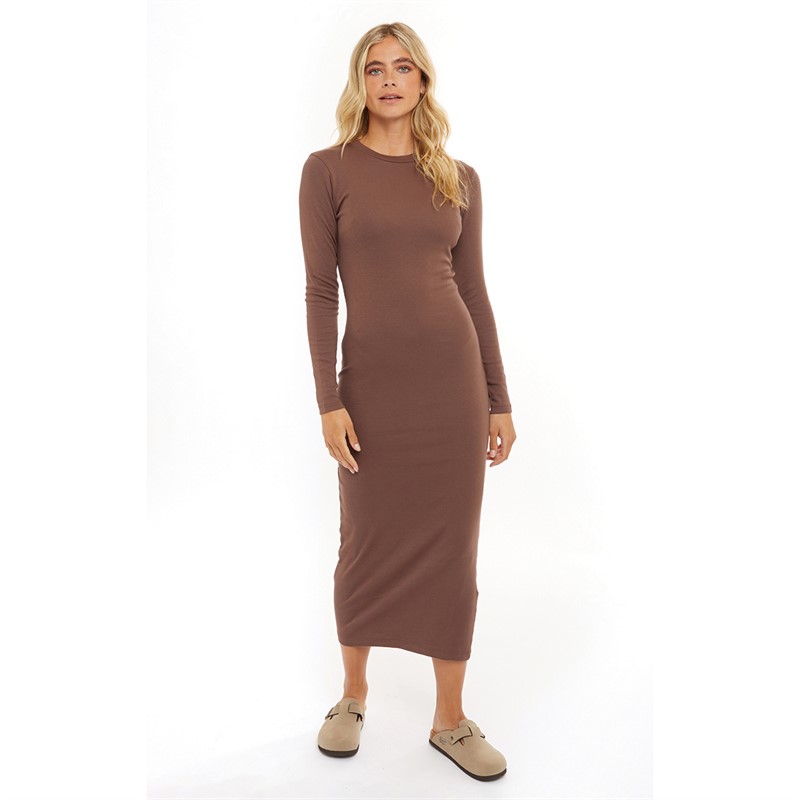 Brave Soul Womens Long Sleeve Bodycon Midi Dress Taupe