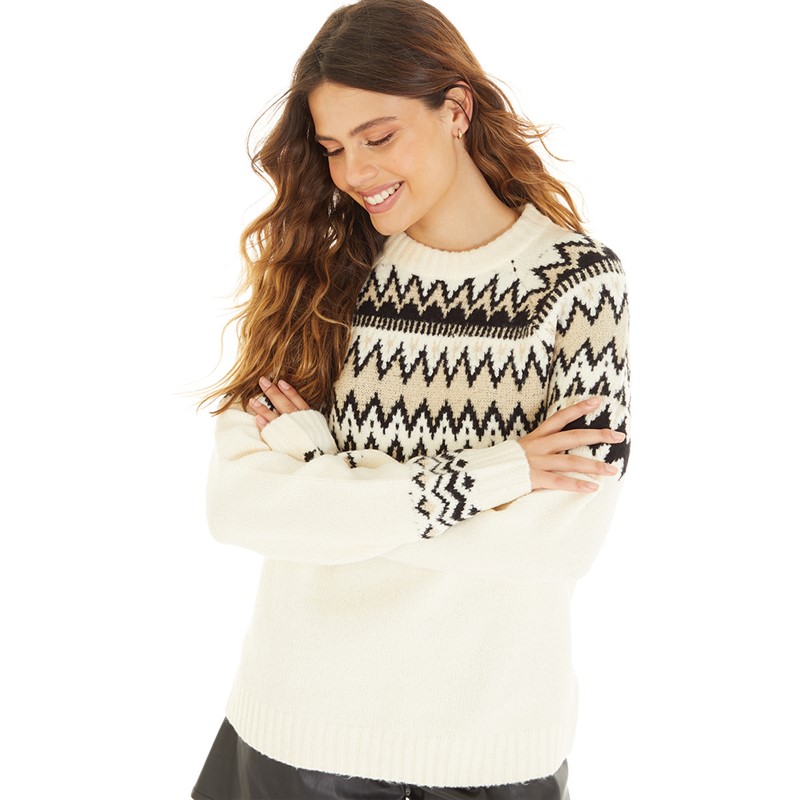 Brave Soul Womens Farisle Fairisle Yoke Jumper Cream/Multi