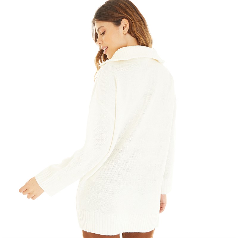 Brave Soul Womens Fashion Drop Shoulder Zip Collar Jumper Ivory