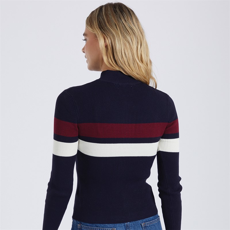 Brave Soul Womens Retro Zip Through Turtle Neck Cardigan Navy/Wine/Ivory