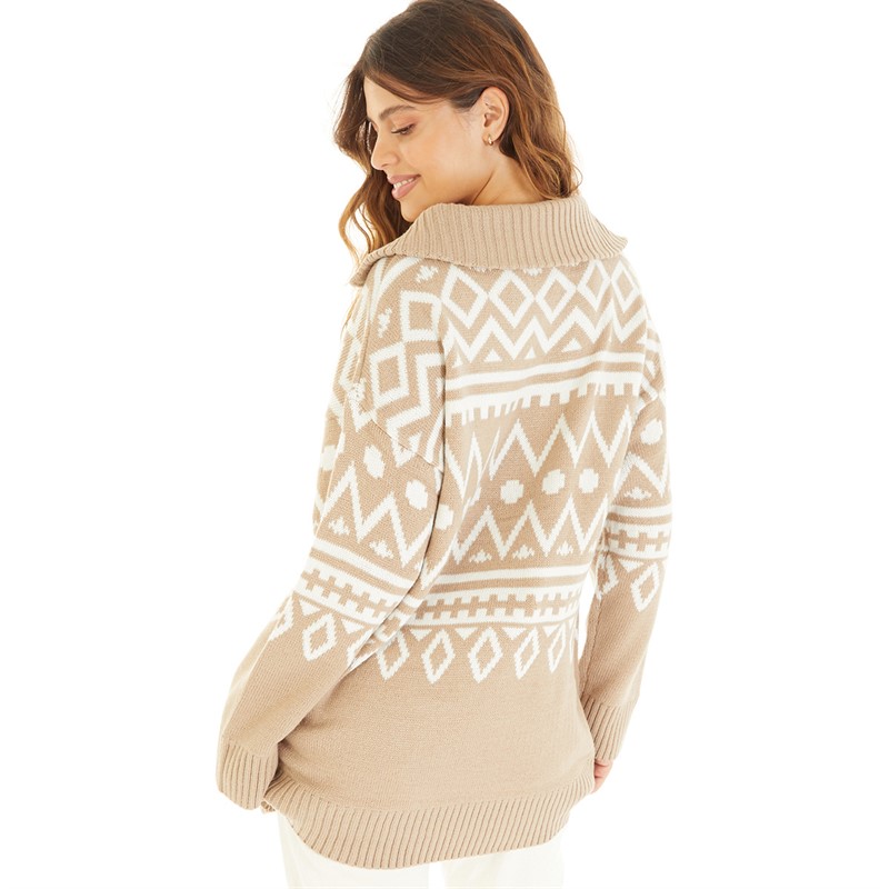 Brave Soul Womens Navho Drop Shoulder Zip Collar Jumper Mushroom/Ivory